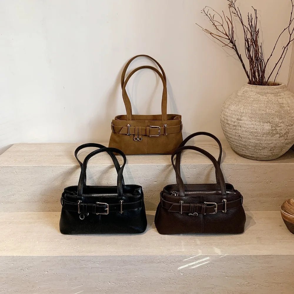 SEAME - Gemma - Retro Texture Tote Bag with Secure Belt Lock Closure Black