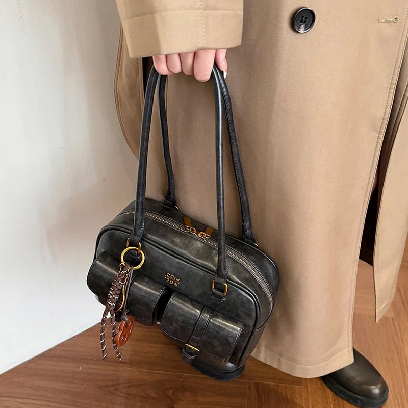 SEAME - Jessa - Stylish Multi - Pocket Handbag in Vegan Leather for Travel & Shopping Black