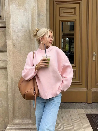 SEAME - Edlyn - Cozy Autumn Women's Sweater with Ribbed Trim & Soft Blended Material Pink S